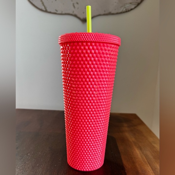 Starbucks studded coral w/neon green straw 24oz Tumbler - Picture 2 of 5
